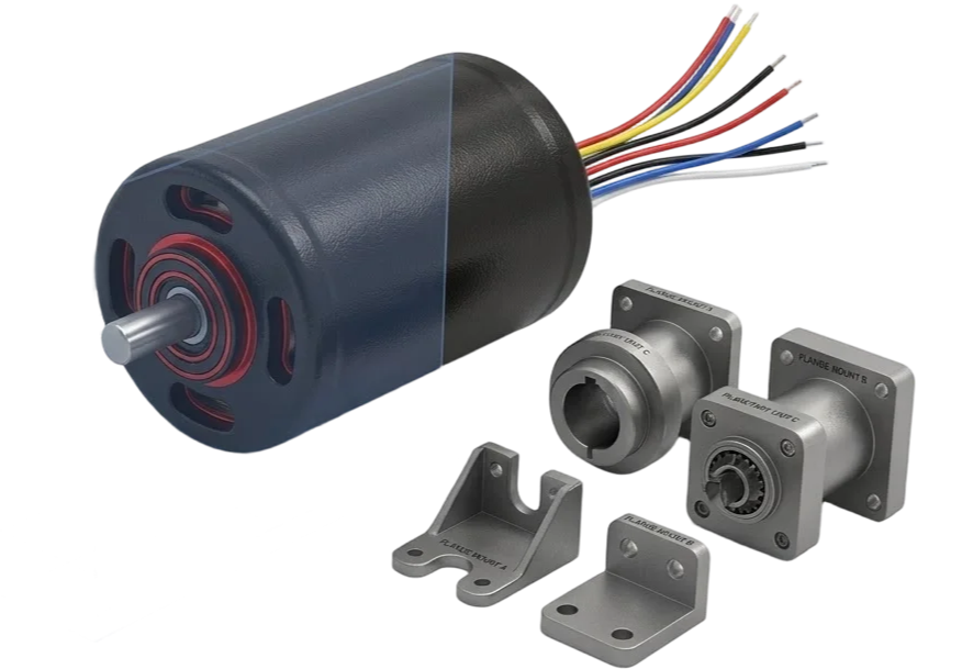 black motor with silver shaft and colored wires beside metal mounting brackets