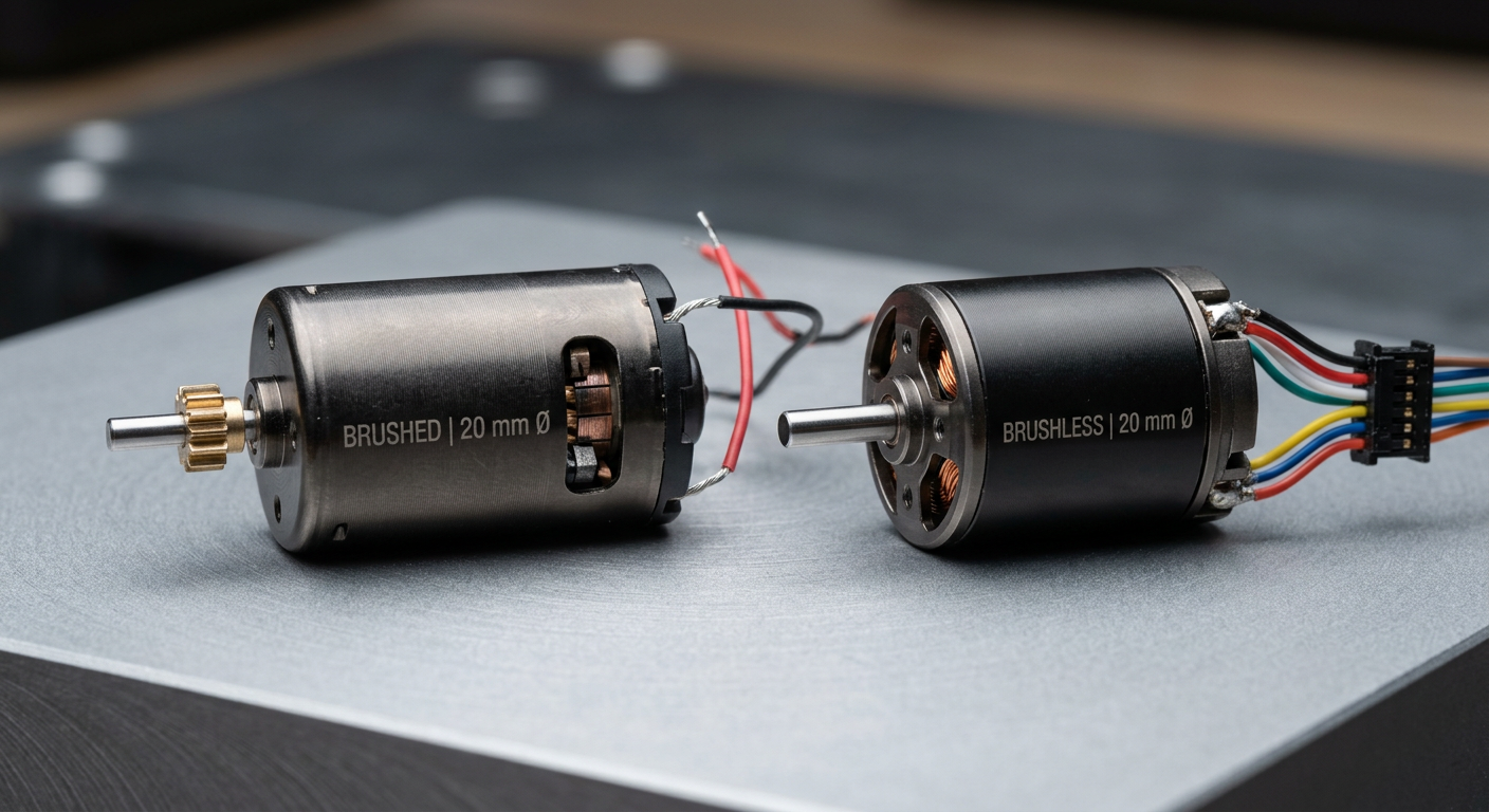 Two DC motors compared: brushed with two wires and brushless with multiple wires.