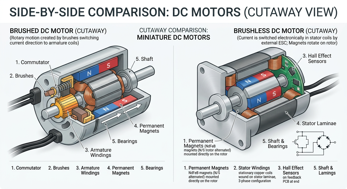 Cutaway diagrams comparing brushed and brushless DC motor internal structures with labeled parts