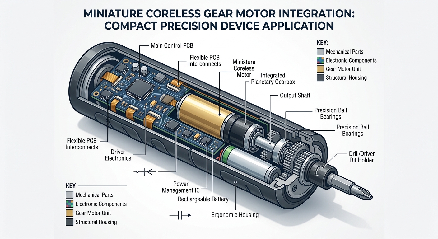 Coreless gear motor integrated into a compact precision device