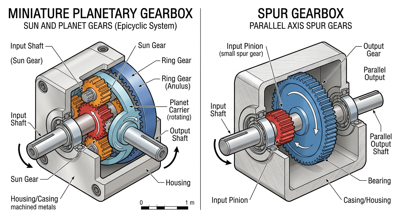 Internal structure comparison of planetary and spur gearboxes for compact motor designs