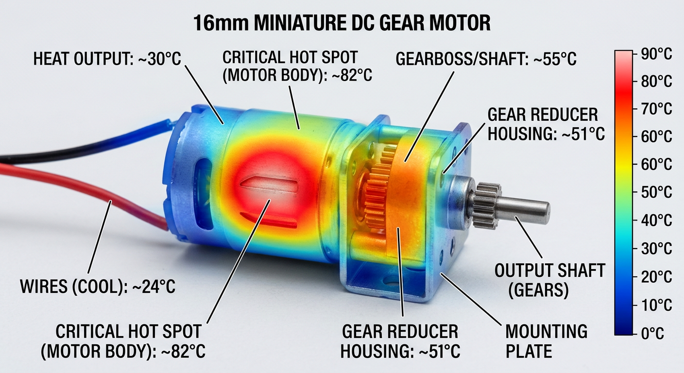 Thermal imaging visualization of a miniature DC gear motor showing hotspots