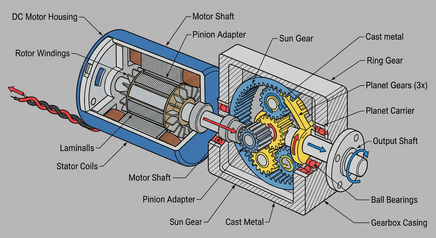 Cutaway view of planetary gearbox connected to compact DC motor