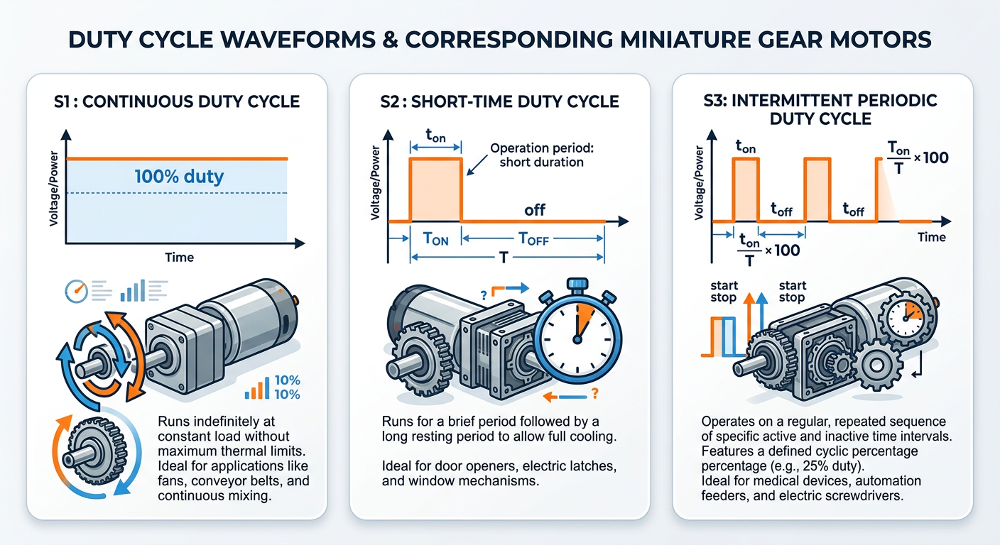 Duty cycle waveform infographic for small DC motor operating modes