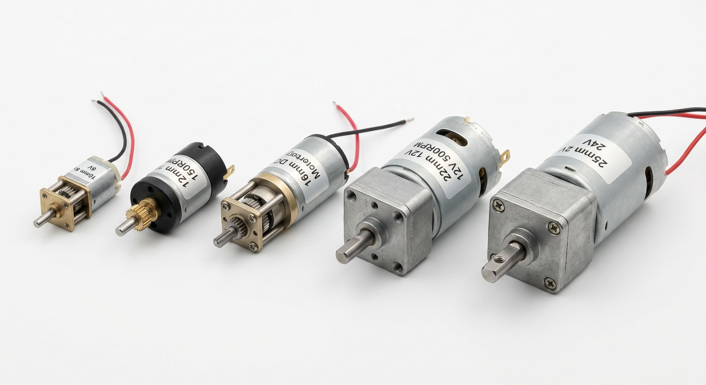Range of compact miniature DC gear motors arranged by size