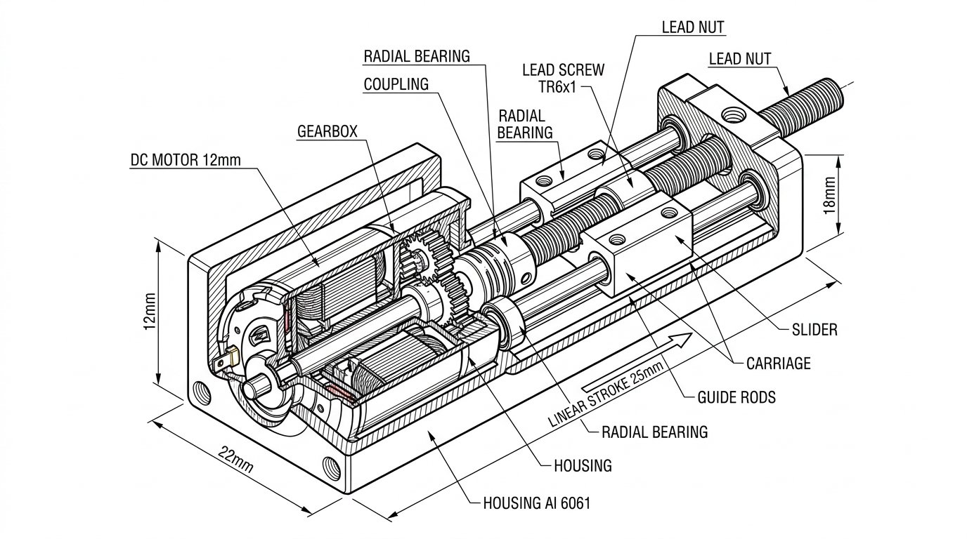 Cutaway diagram of compact linear actuator showing motor, gearbox, and lead screw