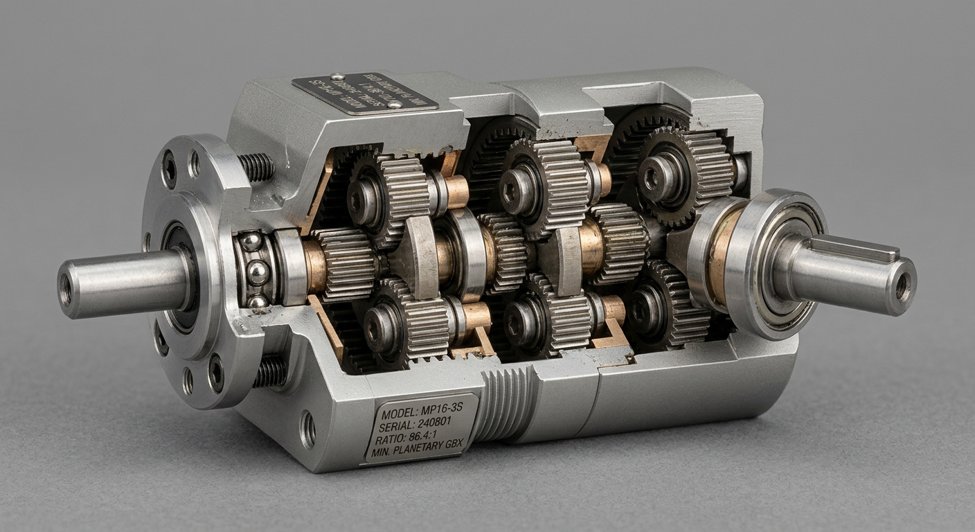 Miniature planetary gearbox cutaway showing internal gear stages