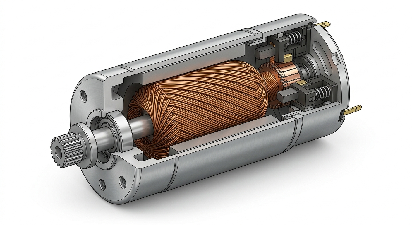Cutaway diagram of a coreless DC motor showing the ironless skew-wound copper coil rotor
