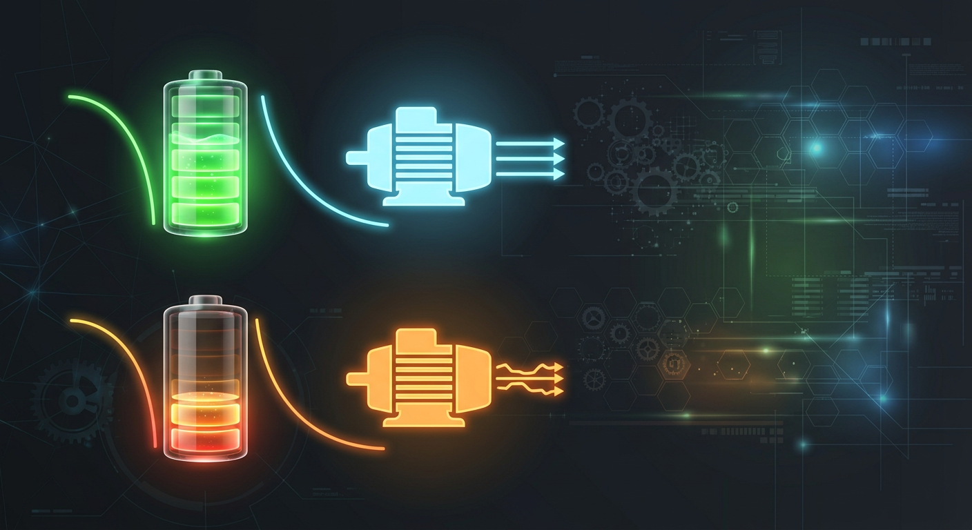 Concept illustration comparing battery drain between coreless and iron-core micro motors