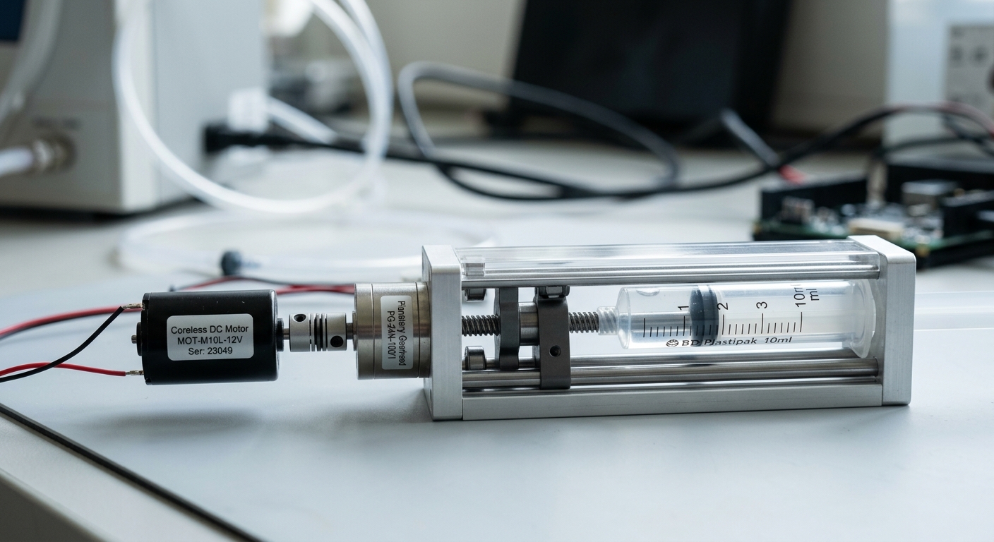 Coreless motor with planetary gearbox driving a precision syringe pump mechanism