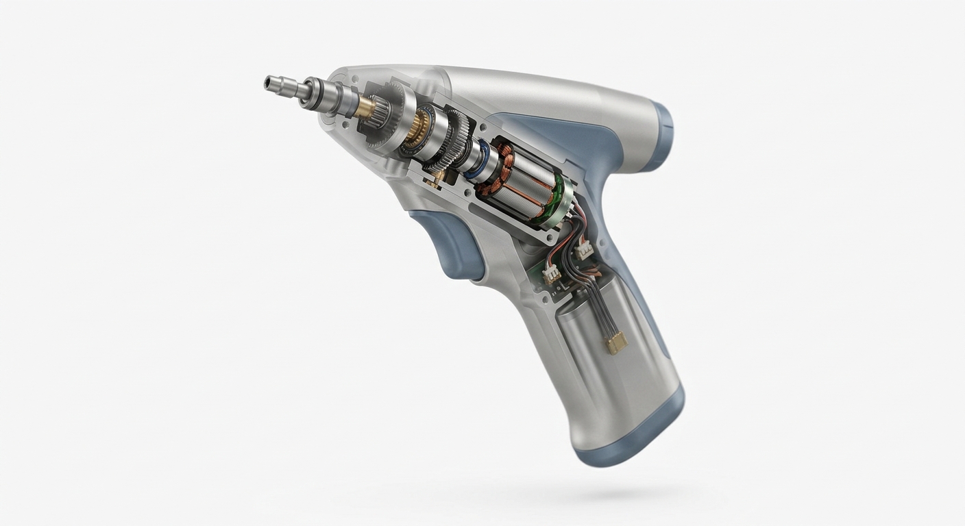 Cutaway view of a battery-powered handheld surgical driver showing internal coreless motor