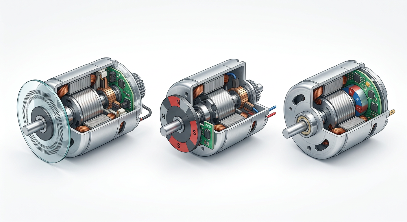 Cutaway comparison of incremental, absolute, and Hall encoder feedback in compact motors