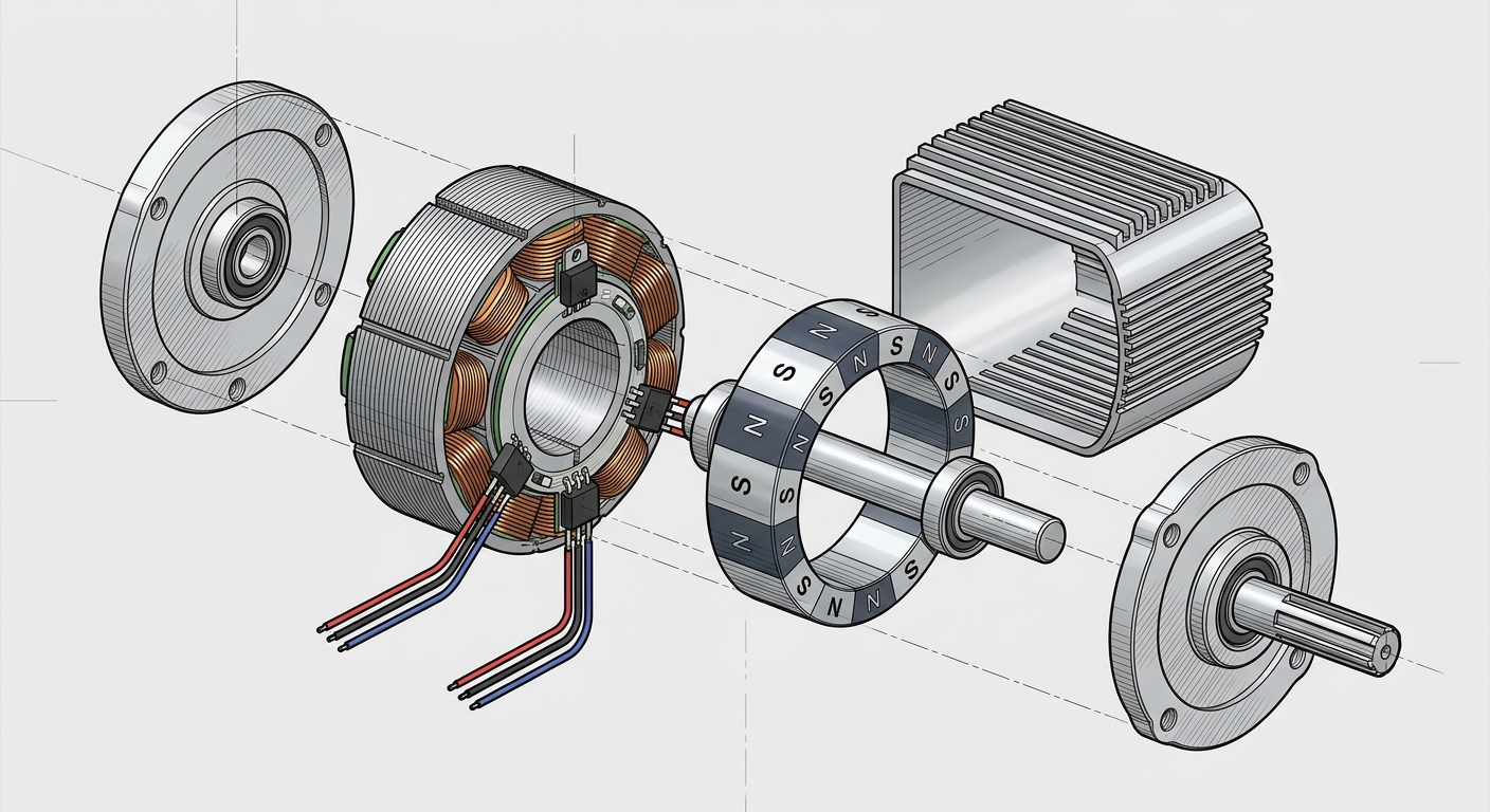 Exploded view of a compact BLDC motor showing three Hall effect sensors