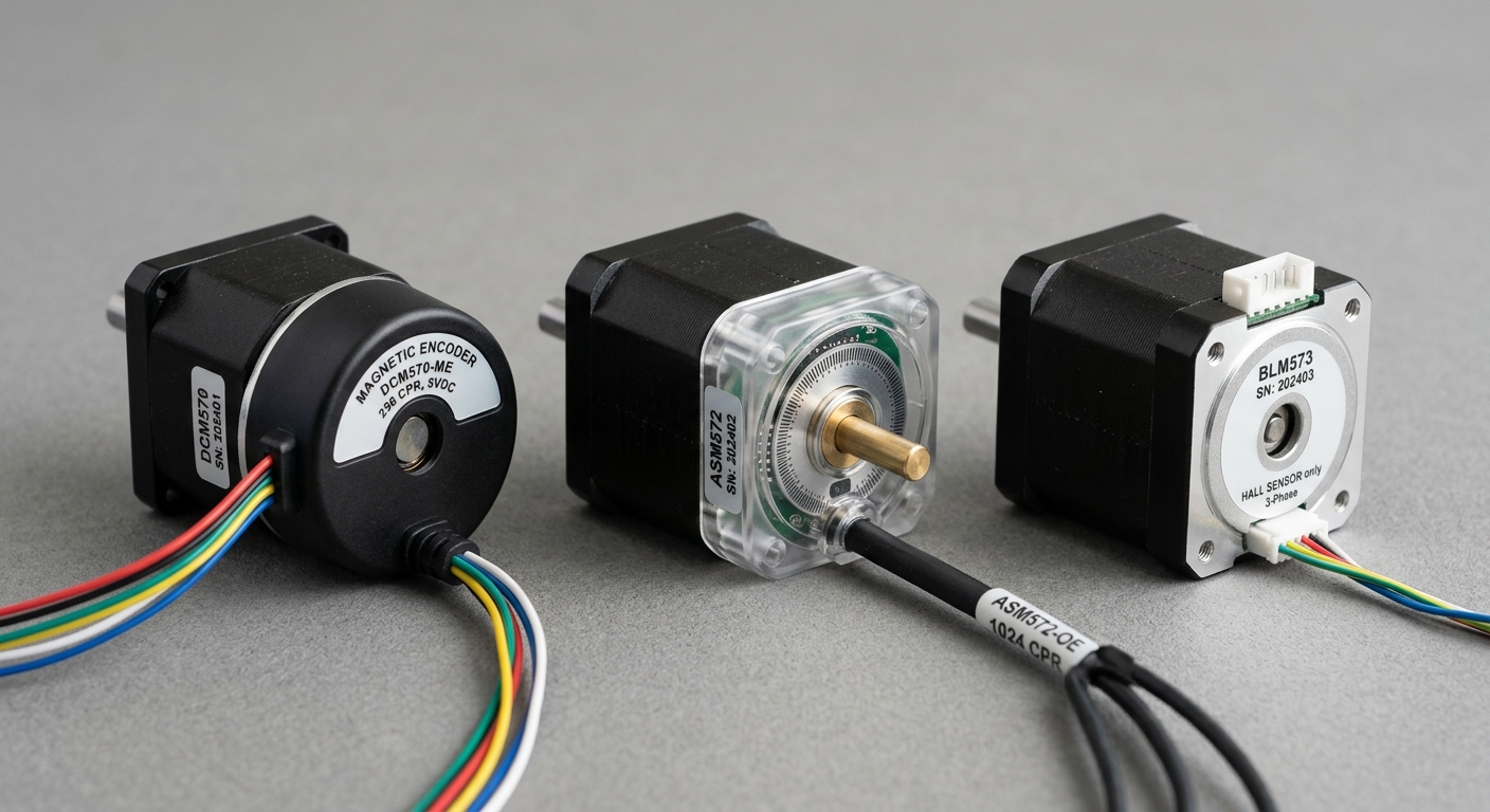 Three compact encoder motors with different feedback configurations side by side