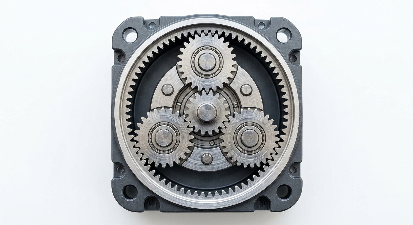 Cutaway view of a miniature planetary gearbox showing the sun gear, planet gears and ring gear