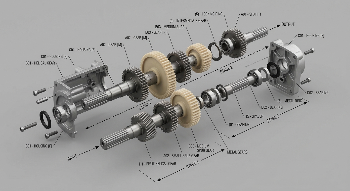 Exploded view of a compact multi-stage spur gearbox with parallel gear shafts