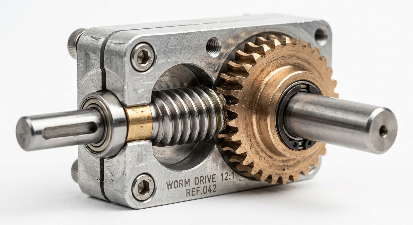 Close-up of a miniature worm and worm wheel inside a compact right-angle gearbox