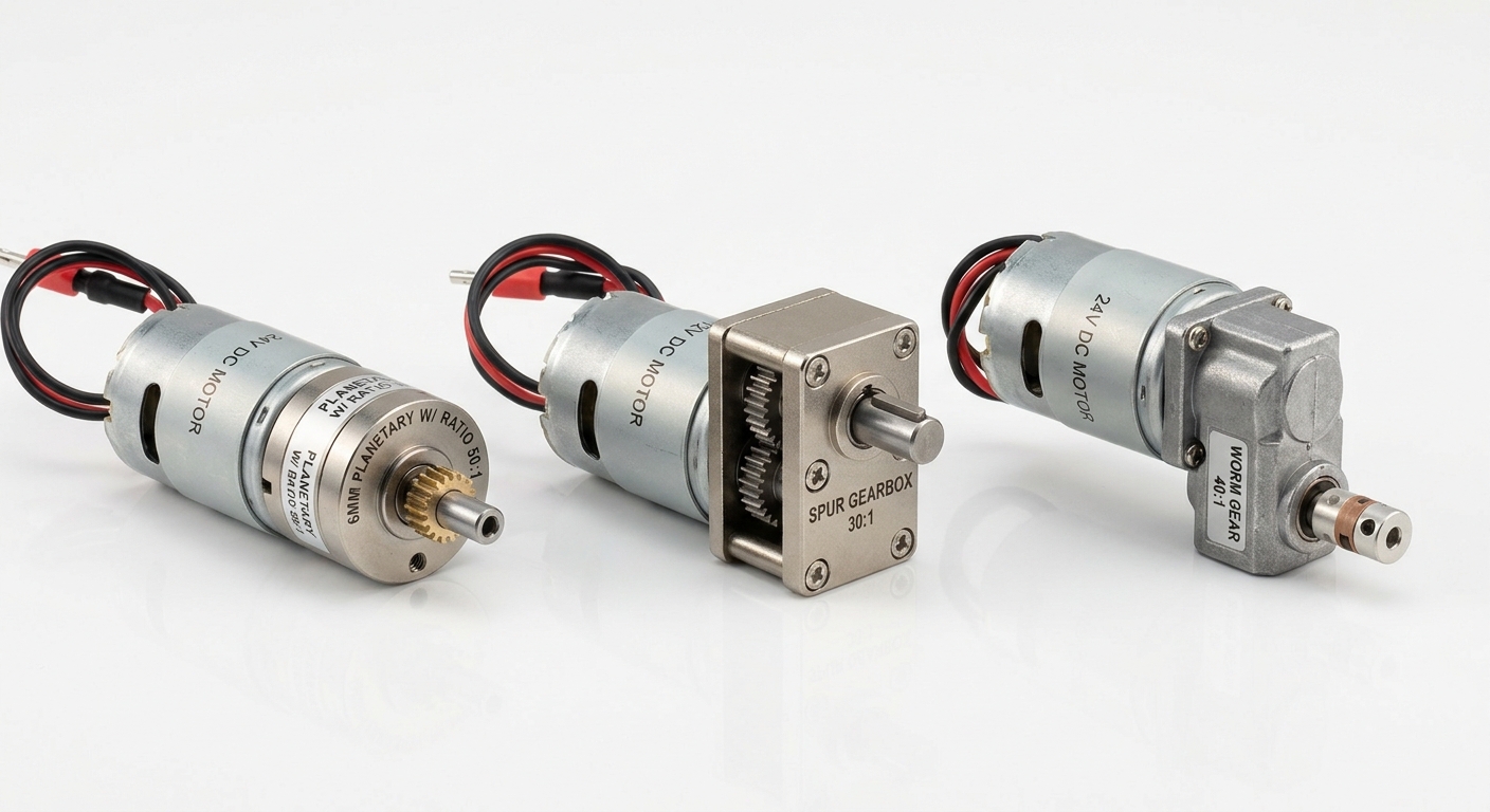 Side-by-side comparison of compact planetary, spur and worm gear motors