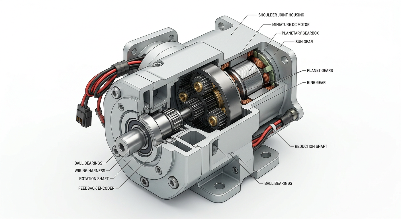 Cutaway view of a service robot shoulder joint with internal gear motor