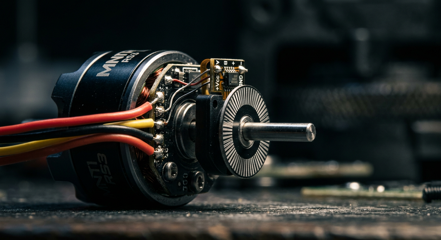 Magnetic encoder mounted on the rear shaft of a miniature brushless motor