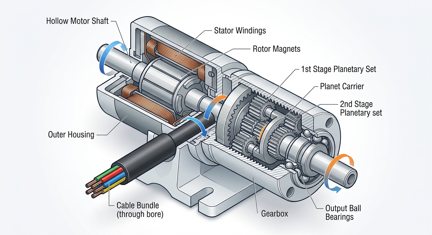 Hollow shaft planetary gear motor with internal cable routing