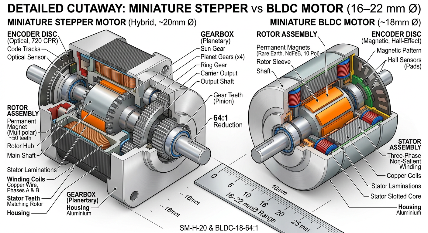 Cutaway view of compact stepper gear motor versus BLDC motor with encoder internals