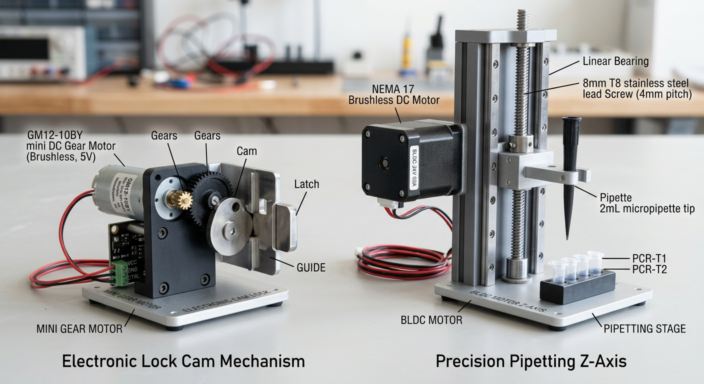 Compact motor application examples in a smart lock and laboratory pipetting mechanism
