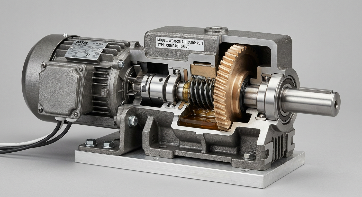 Cutaway of a worm gear motor displaying internal gears and shafts.