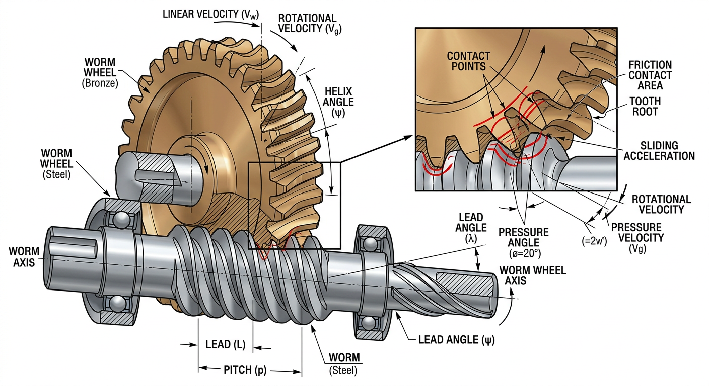 Diagram of worm gear and wheel mesh showing lead angle and friction contact point