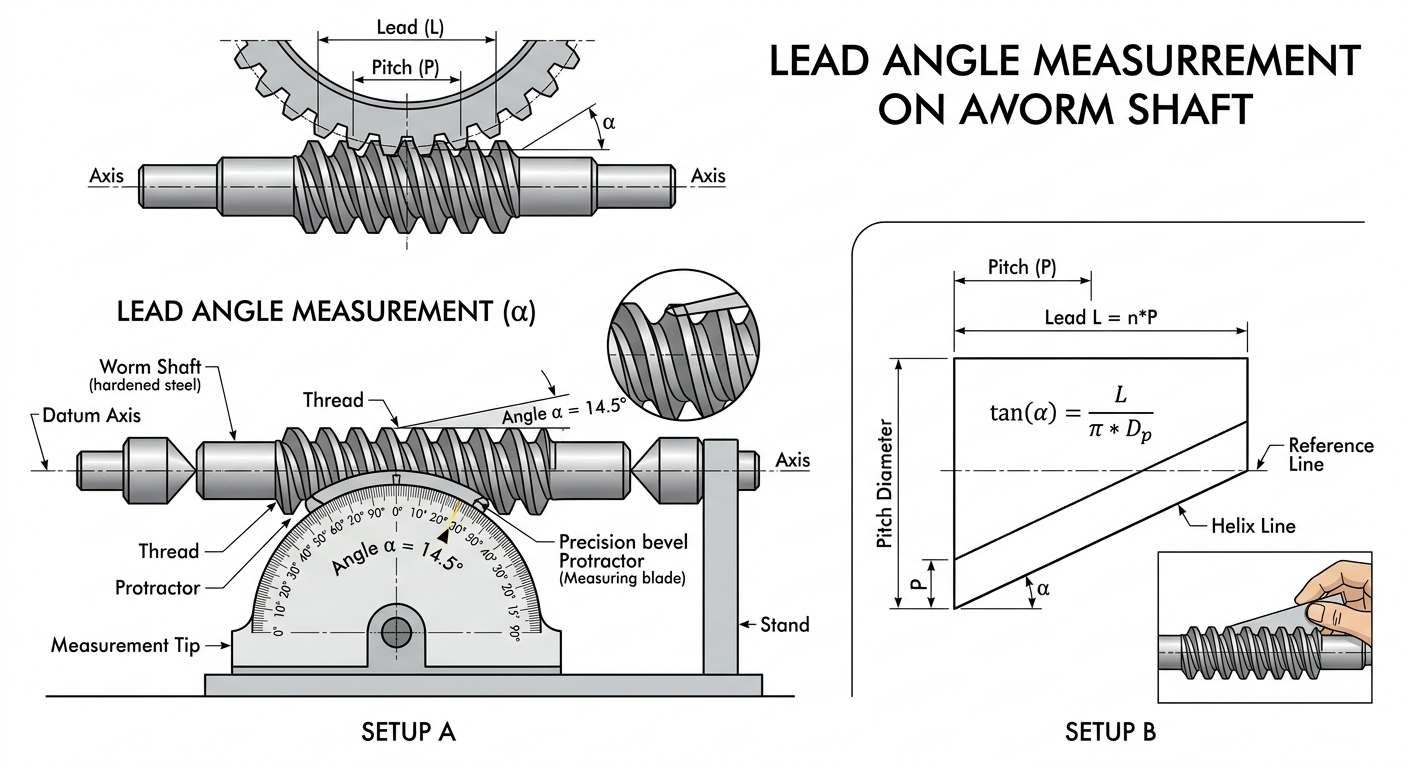 Infographic showing lead angle measurement on a small worm gear shaft