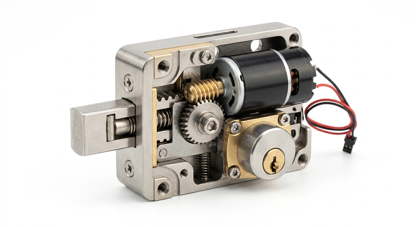 Small worm gear motor integrated into a compact electric lock assembly