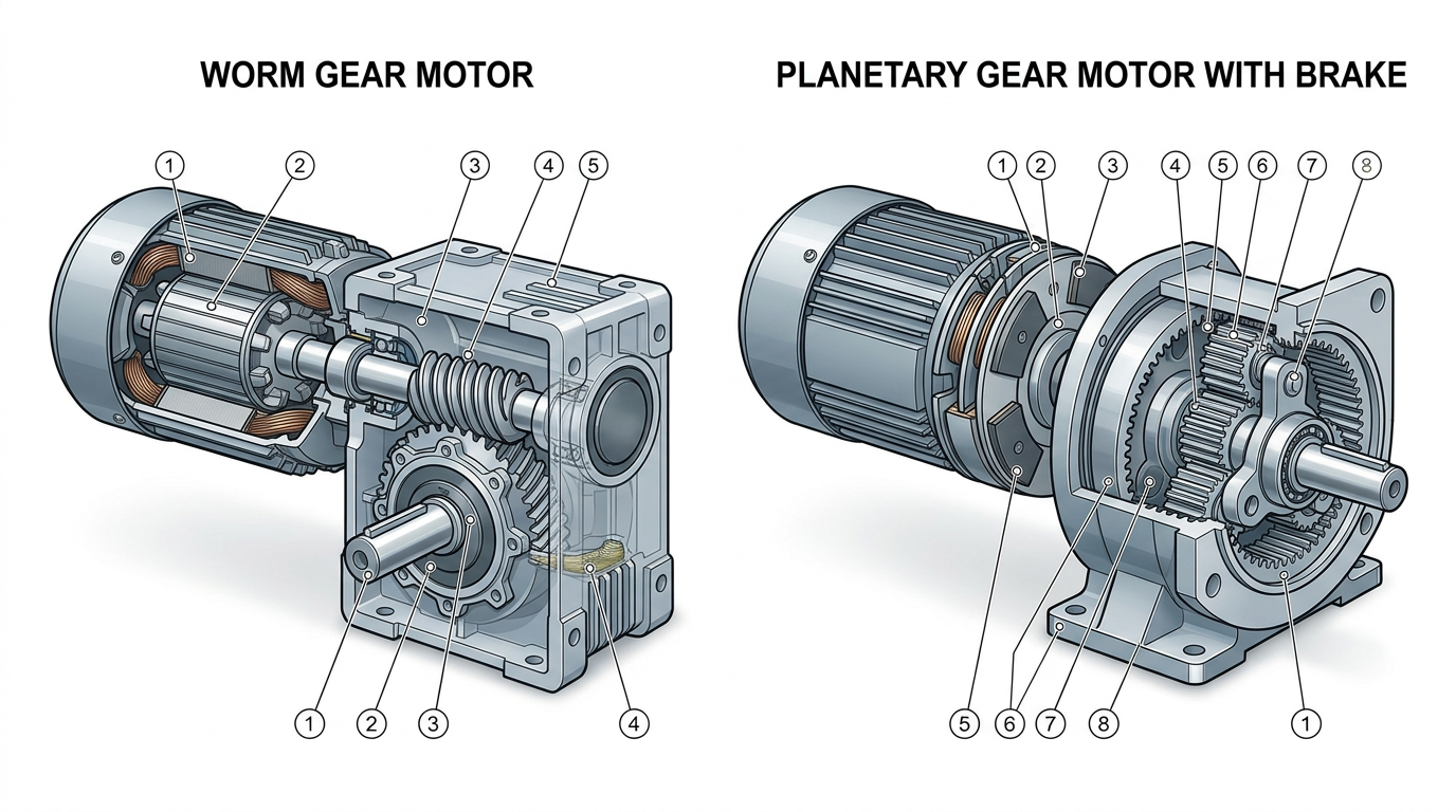 Comparison diagram of worm gear motor and planetary gear motor with electromagnetic brake